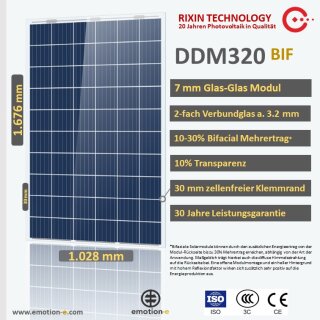 DDM320 1026 x 1676 x 7mm 320Wp Glas-Glas bifacial mit 30mm Glasrand