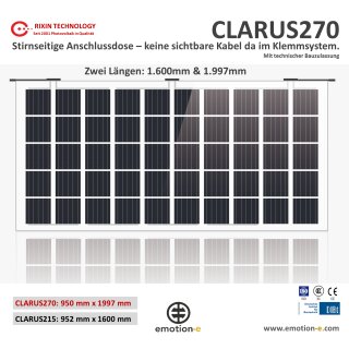 CLARUS270 Glas-Glas PV Modul 9mm 952 x 1978mm bifacial (incl. Bauzulassung)